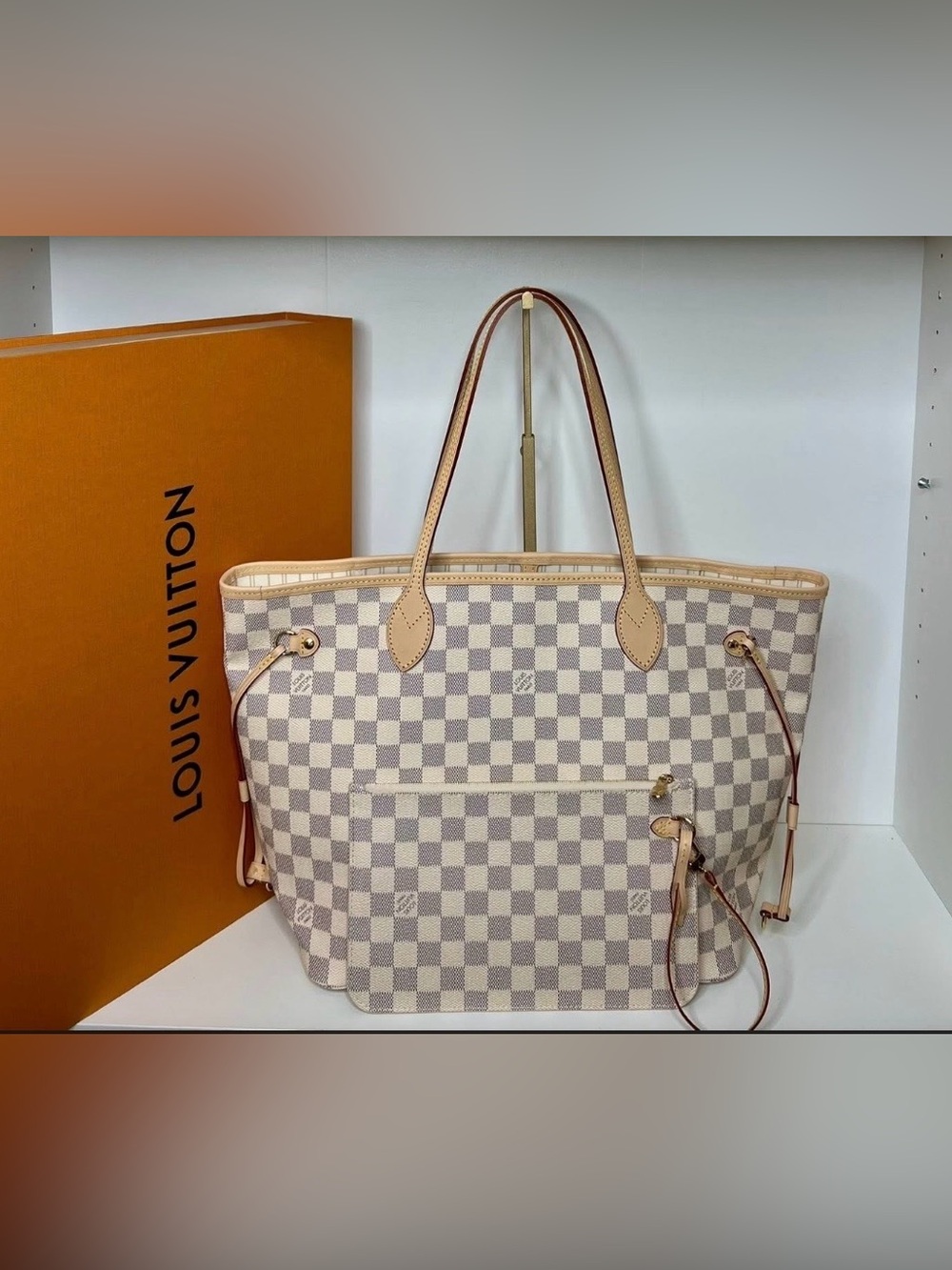 Louis Vuitton Damier Azur Canvas Neverfull MM with Wristlet, COA, Dustbag, Box